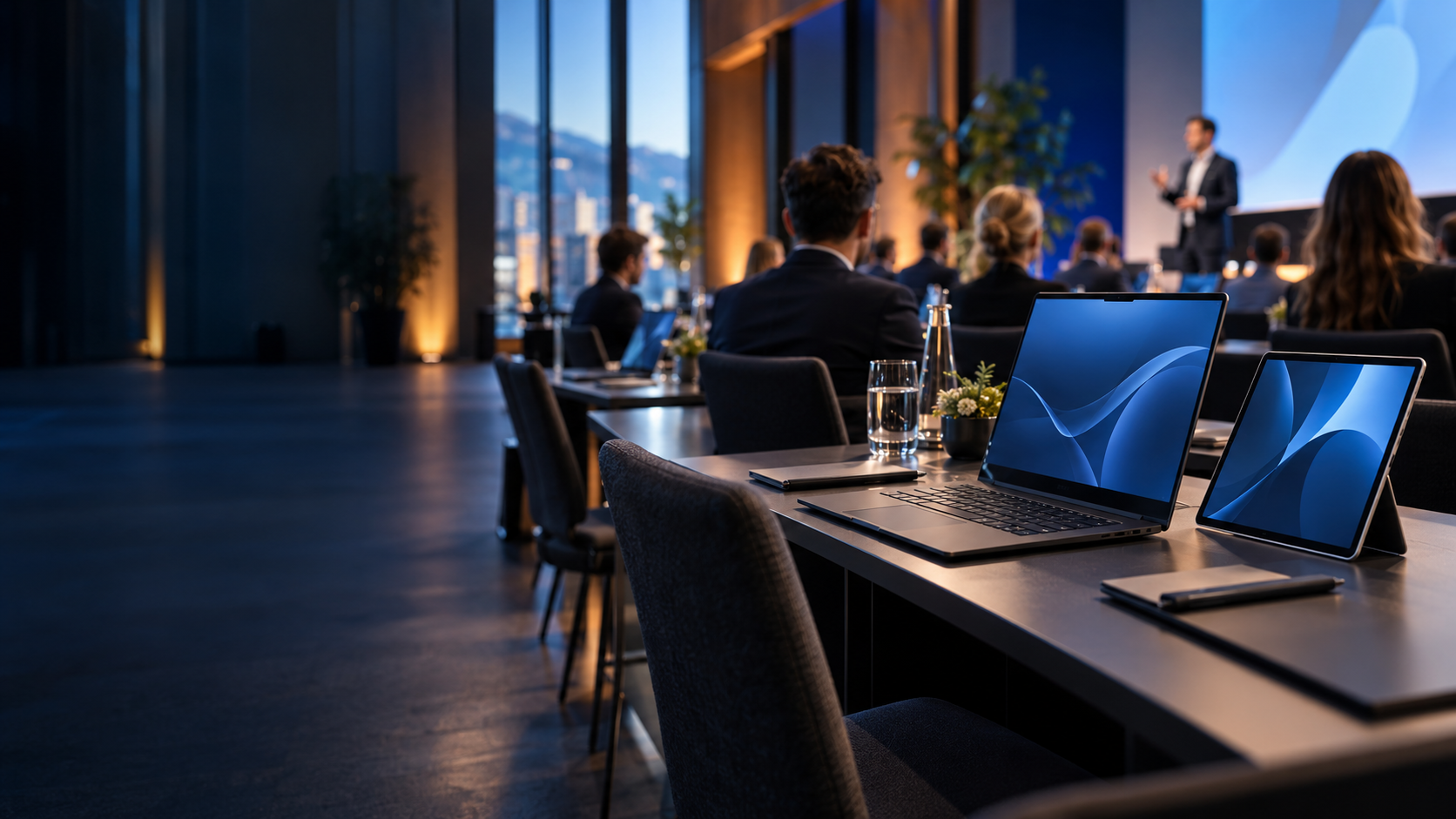 Illustratives KI-Motiv eines Veranstaltungseinsatzes mit Notebooks und Tablets
